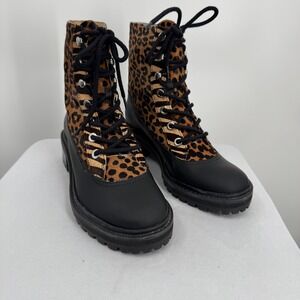 Schutz S Mafalda Boots Womens Size 7.5B Leopard Print Sandstone Lace Up Lug Sole